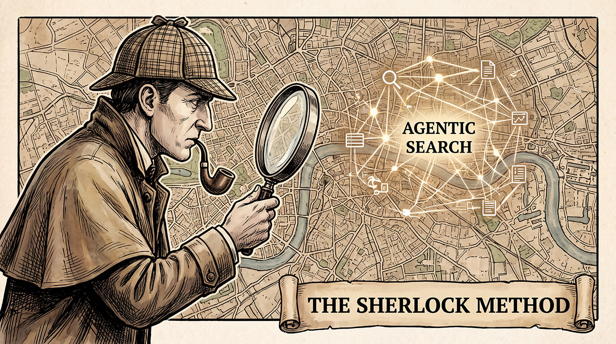 Illustration of a classic detective in deerstalker cap holding a magnifying glass, representing Sherlock's investigative approach to agentic search.